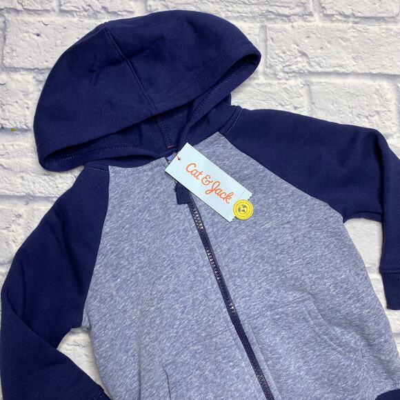 NEW Cat & Jack Hooded Zip Down Sweatshirt in Color-blocked Blue/Heathered Blue - Picture 2 of 5